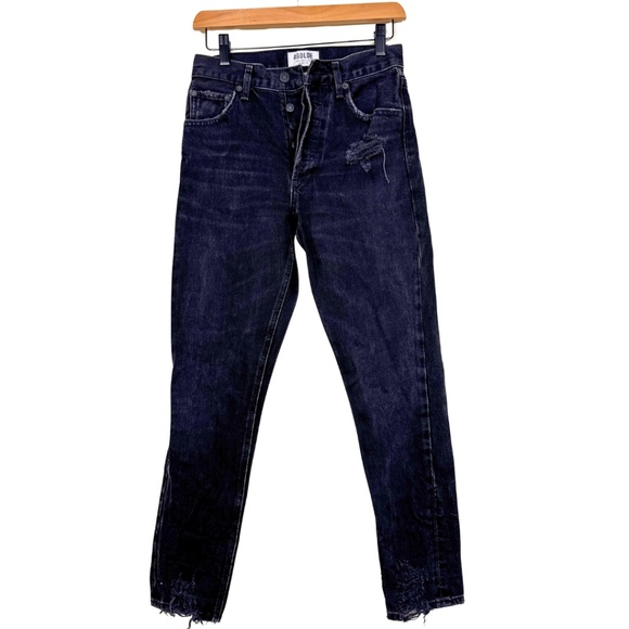AGOLDE Premium High Rise Skinny Jeans Black Destroyed Hem Button Fly Size 24 - Picture 1 of 16